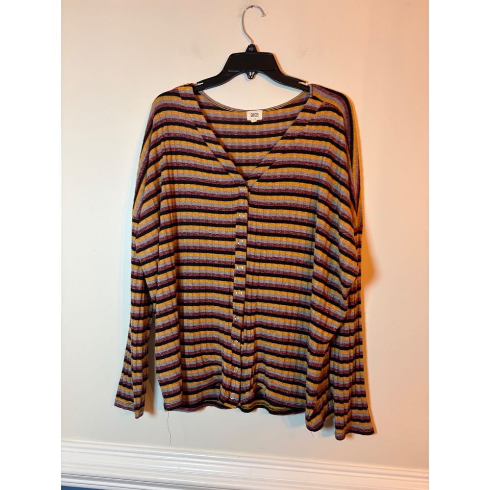 BKE Cardigan Women Large Striped Ribbed Knit Button Front V-Neck Long Sleeve Top